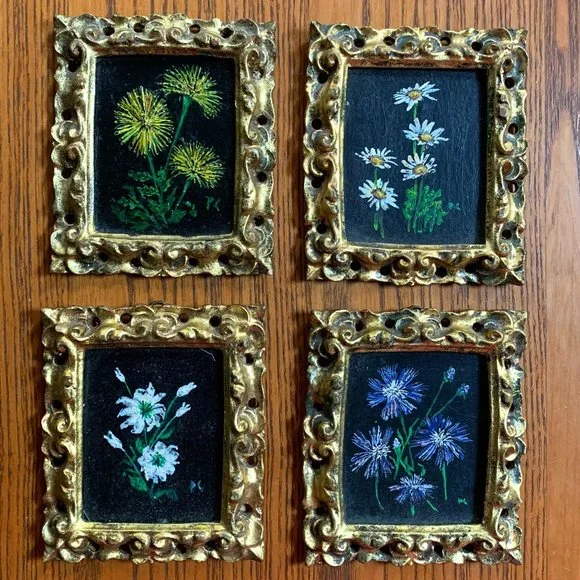 VTG 4 Floral Original Oil Paintings Gold Frames Black Philippa Connolly 1970 - Picture 1 of 16
